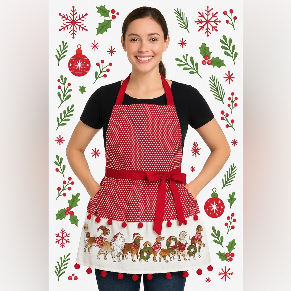 Pier 1 Imports Christmas Dogs Apron Red Polka Dot Holiday Kitchen Cotton Pom Pom